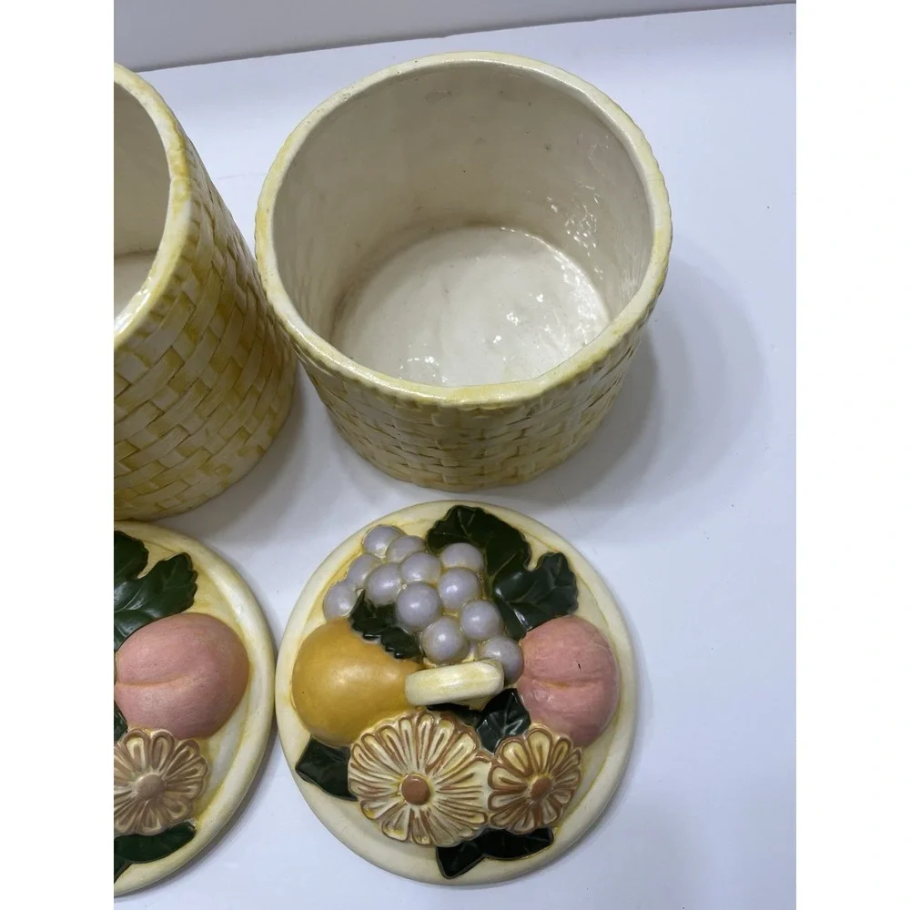 Vintage Ceramic Canister Set Of 2 Yellow Basket Weave Fruit With Lids 1970s